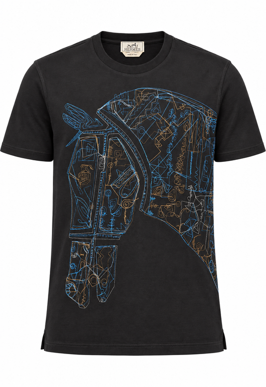 Hermès Herren T-Shirt Schwarz "Quadrige Embroidered"